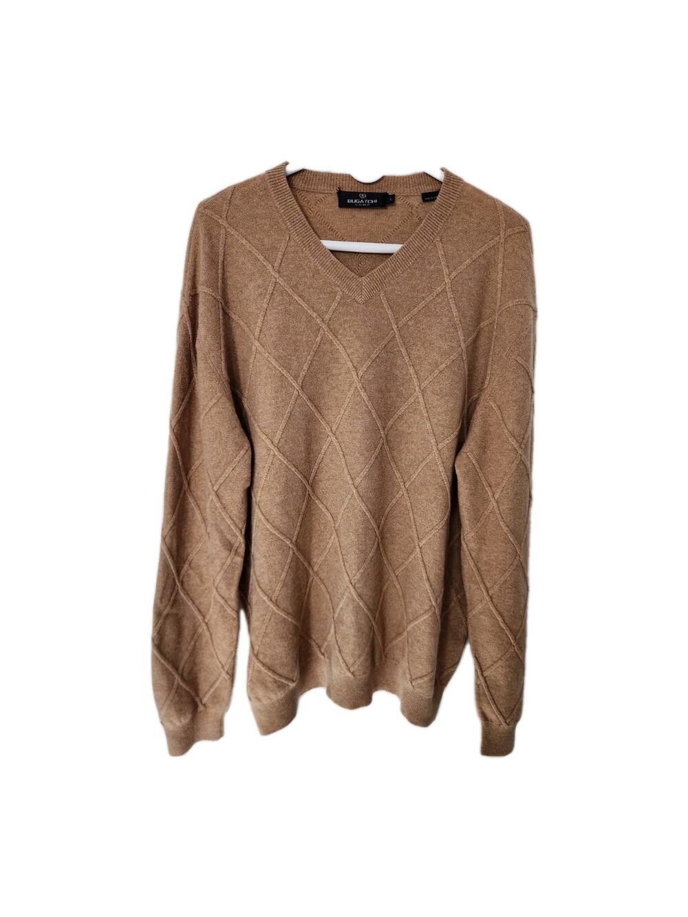 Bugatchi Diamond Stitch Cashmere Knit Tan V-neck Sweater Men's Size Large
